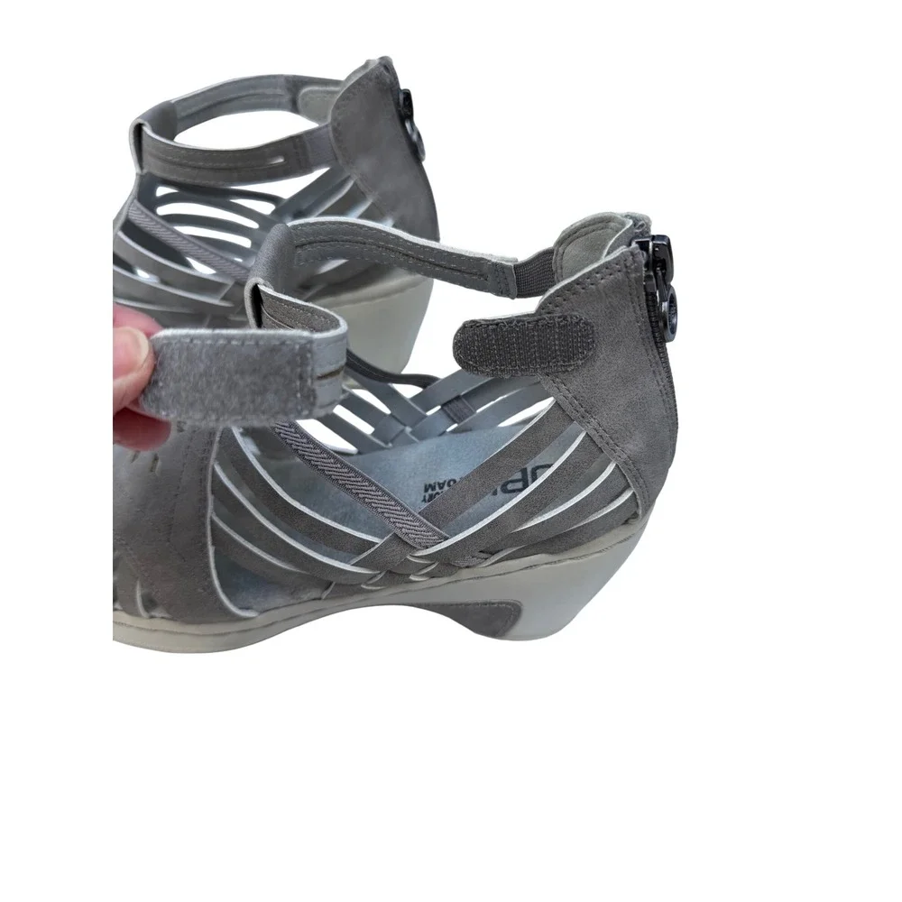 JBU Rowan Wedge Sandals Womens 7.5M Grey‎ Laser Cut Strappy Gladiator Comfort